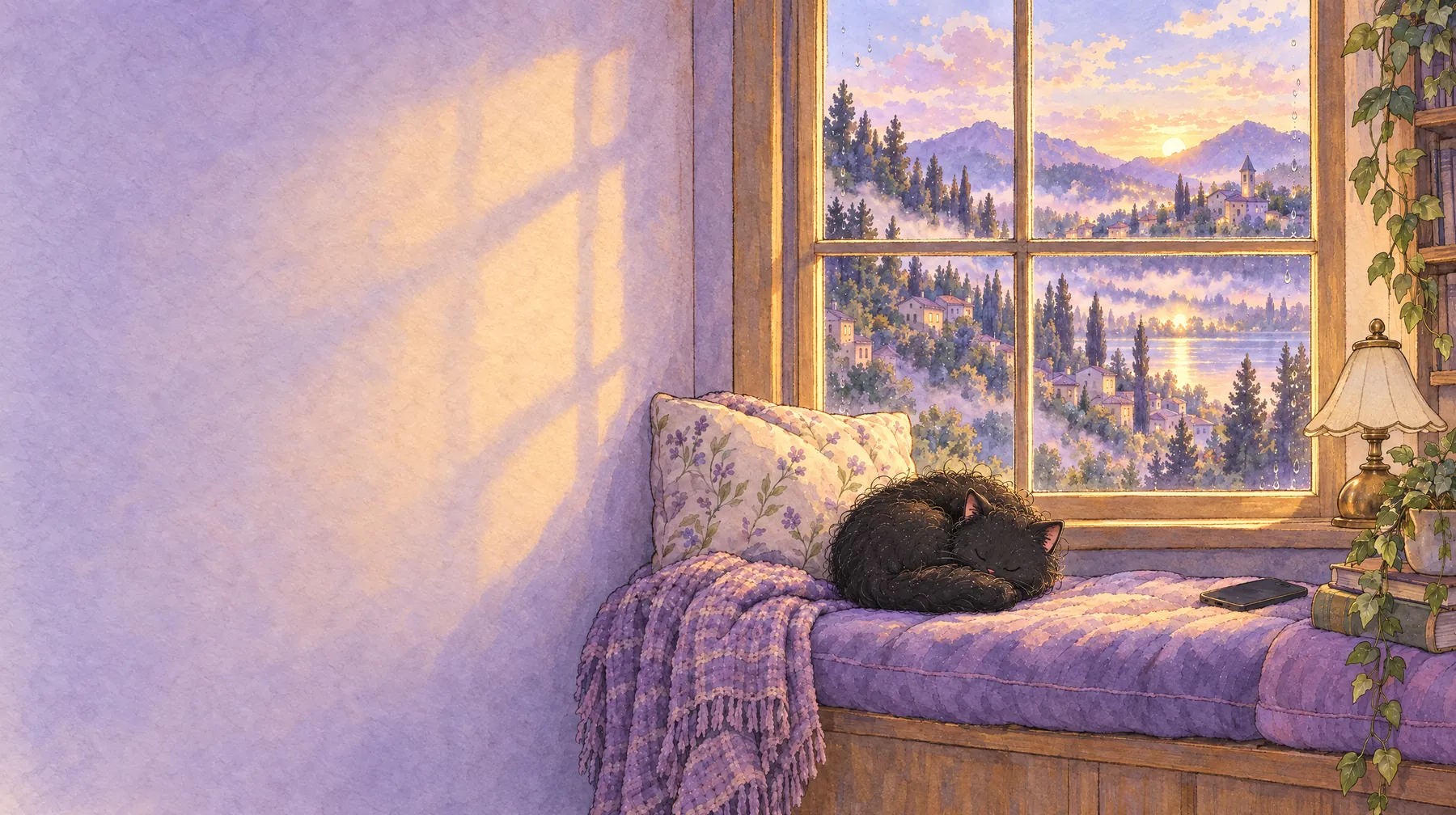 Mochi asleep on the window seat at dawn.