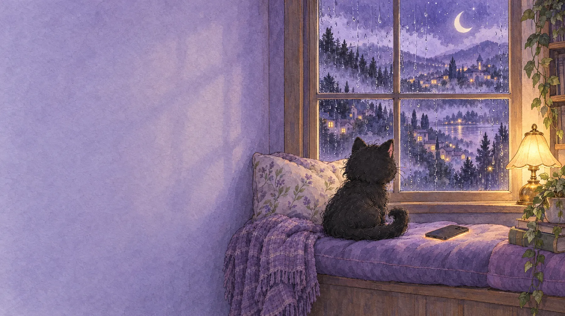 Mochi on a window seat at night, rain on the glass, a phone beside her.