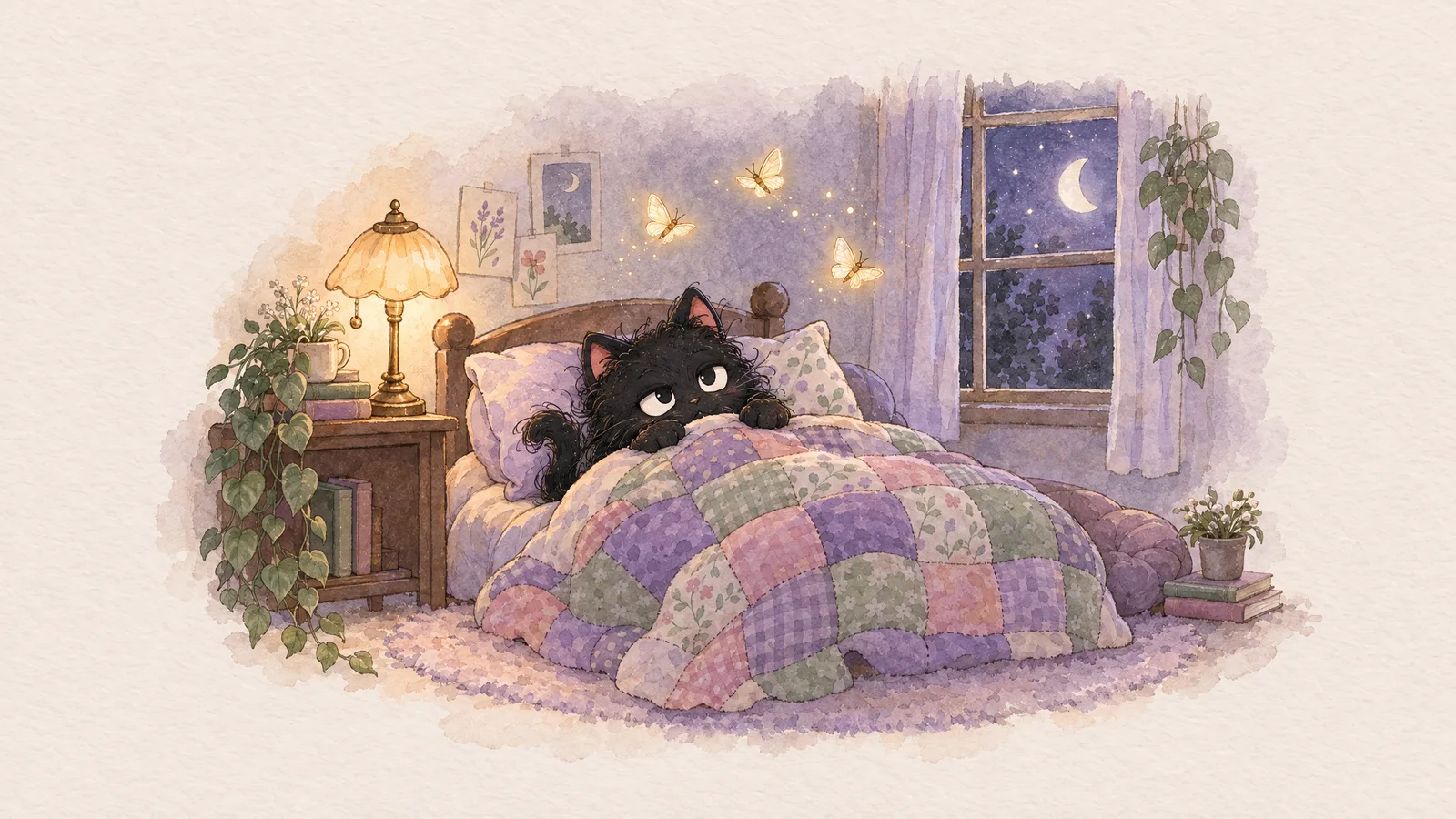Mochi the black cat, overthinking at night.
