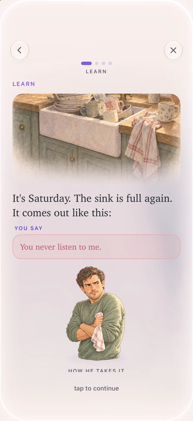 The Trial: it's Saturday, the sink is full, and she says: You never listen to me. He crosses his arms.