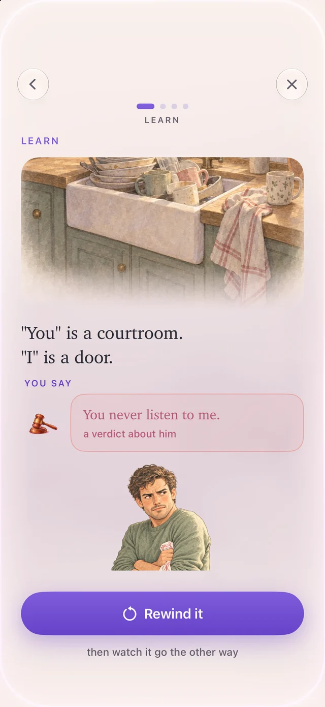You is a courtroom. I is a door. A button to rewind it.